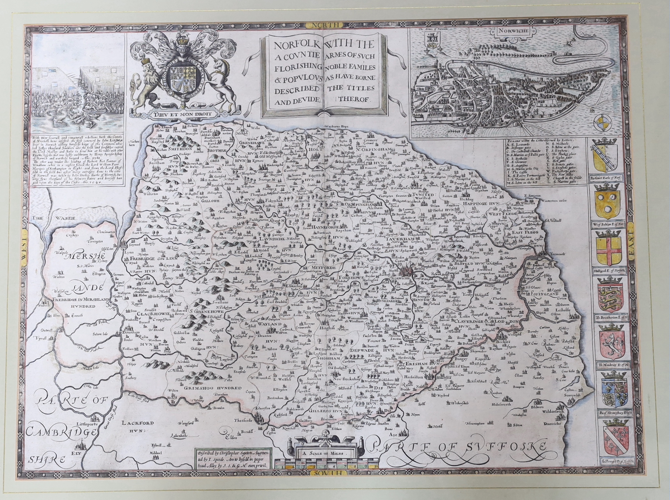 John Speed, coloured engraving, Map of Norfolk, 37 x 50cm, and a Tindal's engraving, Correct Chart of the German Ocean, 49 x 39cm